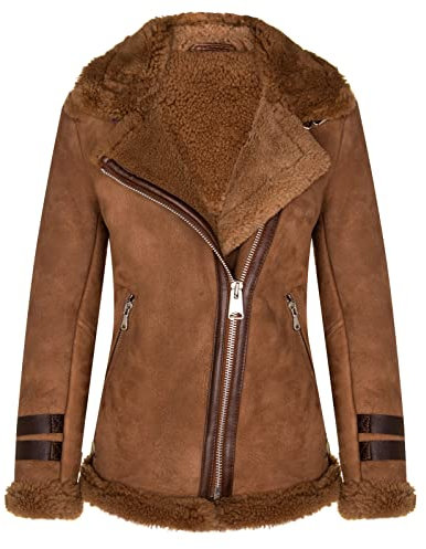 Infinity Leather Braune Lammfell Motorradfahrer Merino Shearling Aviator Lederjacke für Damen