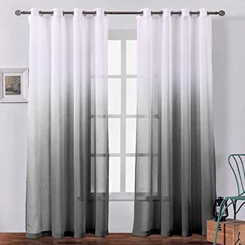 Gardinen aus Kunstleinen, durchsichtig, Voile-Öse, halbtransparent, für Schlafzimmer, Wohnzimmer, grau, schwarz, mit Farbverlauf, dunkelgrau, B 500 x L 260 cm, 1 Stück, Plissee-Klebeband ziehen