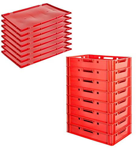 Kingpower Fleischerkiste E1 mit Deckeln, Rot, Stapelbar, Lebensmittelecht, 60 x 40 x 12,5 cm (Außenmaß), 57 x 37,3 x 12 cm (Innenmaß), 8 Stück