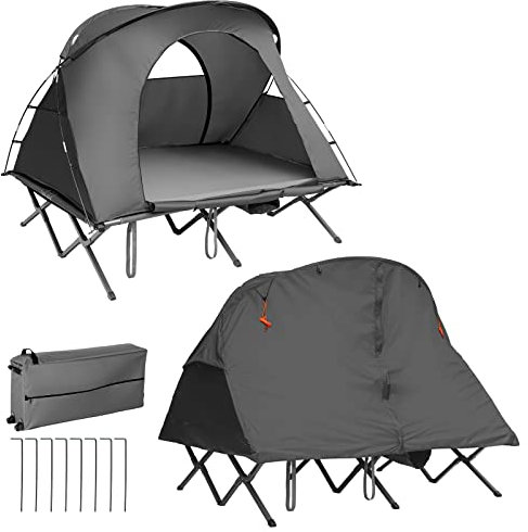 GYMAX 4-en-1 Tente de Camping 2 Personnes, Matelas Inclus, Lit Séparable, avec Couverture de Pluie, 2 Portes et 2 Fenêtres, 2 Sac de Chaussures, Sac de Transport avec roulettes(Gris)