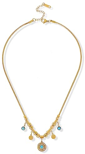 Vspek Damen Türkis Gold Halskette mit kleinen Platten, Goldene Münze Halskette für Frauen, Hochwertige einfache Goldkette zart aus 316 Edelstahl