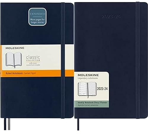Moleskine Notizbuch Classic Expanded + Moleskine Wochenplaner 2023-2024, Notizbuch mit Linien und weicher blauer Abdeckung 13x21cm, 18-Monats-Agenda mit weicher blauer Abdeckung 13x21cm