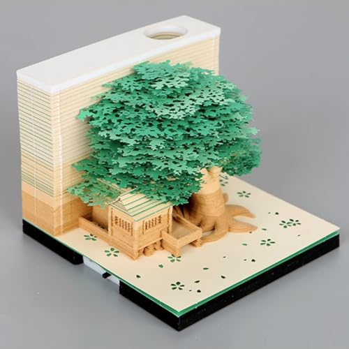 MEICHI Bloc-notes 3D, non collé, Maison dans les arbres 3D (vert) art sur papier avec étui d'affichage en cristal clair, 9 x 9 x 6 cm, 260 feuilles, décoration de table