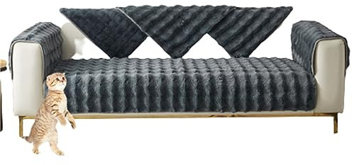 HYRAM Thick Rabbit Plush Sofa Cover Sofa Slipcover Corner, 3/2/1/4 Seater Universal Couch Cover，Universelle rutschfeste Couch Bezug L-Form Sofaschoner Katze, (30×50CM,Dark Gray)