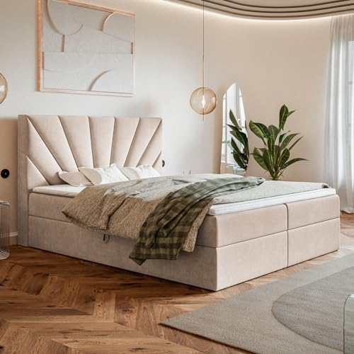 MOTIVENA Aspen Boxspringbett 180x200 mit Bettkasten und Topper, Polsterbett 180x200 mit Bettkasten, Taschenfederkern-Matratze (H3), Visco Memory-Foam Topper (H2), Samt, Beige (Creme)