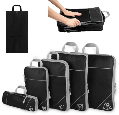 FAEFTY Koffer Organizer Set Kompression Packing Cubes Compression Packwürfel Koffer, Packtaschen Erweiterbar Kofferorganizer Reise Kleidertaschen für Koffer Rucksack, Gepäck (Schwarz, 6 Teilig)