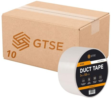GTSE 10 Rolls 75mm x 50m, Wide White Duct Tape 3” Waterproof Strong Adhesive Gaffer Tape for Patching, Sealing, Securing Cables and Labelling, Heavy Duty Tape