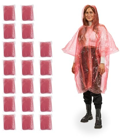 Relaxdays Regenponcho, 20er Set, Einweg Regencape mit Kapuze, Wandern, Festival, Notfallponcho für Damen & Herren, rot