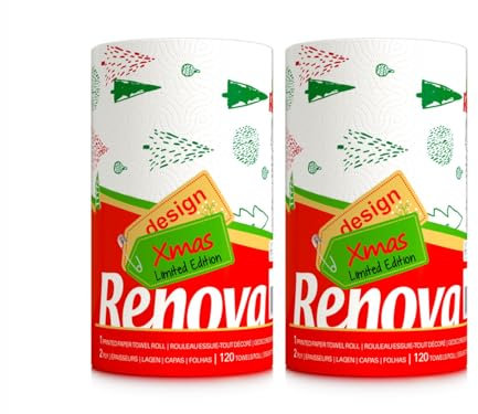 2 Rollen Renova Maxi Rolle Christmas - Weihnachten - X-mas - Küchenpapier - Küchenrolle - Haushaltstücher - Papiertücher - weihnachtlich bedruckt - 1 Rolle = 3 Standard Rollen - 120 Blätter