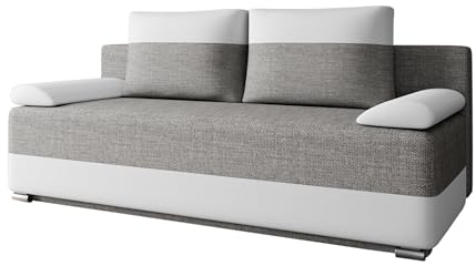Schlafsofa ATLANTA – Polstersofa Schlafcouch Sofa Sofagarnitur Couch Schlafsofa für Wohnzimmer mit Bettfunktion, Schlaffunktion und Bettkasten: 200x90x96 cm - Grau + Weiß (Lawa 05 + Soft 17)