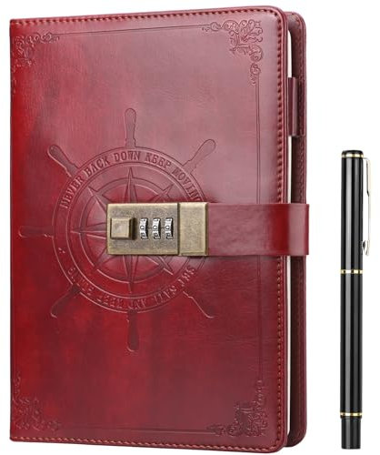 Kesote Diario con contraseña Cuaderno de cuero con cerradura de combinación Diario secreto A5 con Bolígrafo Registro de Trabajo Diario Espiral Agenda Tapa Dura 212 Páginas (Marrón rojizo)