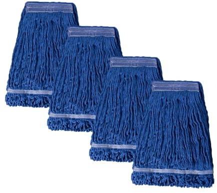 Lot de 4 têtes de balai de rechange en coton bleu avec extrémités bouclées pour nettoyage industriel humide, lavables en machine, recharge idéale pour serpillères de qualité commerciale