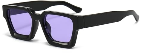 WDZAYXC Vintage Rechteckige Sonnenbrille für Damen Herren Chunky Rectangle Sunglasses Retro Brille UV400 Schutz(Schwarz-Lila)