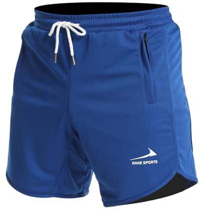 Rane Sports Herren Sportshorts, Laufenshort, Fitness-Training, Gymnastikshorts mit Reißverschlusstaschen Blau/mit Handtuchschlaufe L