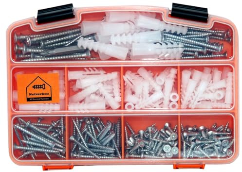 Netzerkoz 325 st Holzschrauben und Dübel Set, Kreuzschlitz Senkkopf Schrauben und Dübel, Holzschrauben Set mit Dübel - Spanplattenschrauben Sortiment mit Aufbewahrungsbox und Magnetspindel Bohrspitze