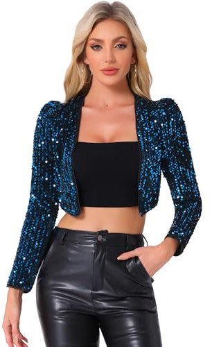 Allegra K Damen Pailletten Jacke Langarm Party Club Offen Glitzer Cardigan Kurzjacke Glitzer Bolero Schwarz Blau L