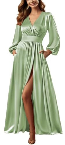 YIANN Long Sleeve Sage Green Bridesmaid Dresses with Pockets A Line Fall Satin Prom Dress with Slit for Women UK14