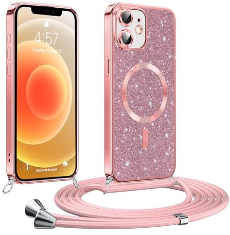 Phoona handyband Hülle für iPhone 12 mit Band, Glitzer Handyhülle Kompatibel mit MagSafe, Ganzkörperschutz Kratzfeste Stossfest Schutzhülle mit Einstellbar Kette, Rosa