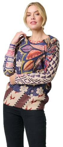 Izabel London Leaf Print Drop Shoulder Jumper for Women UK with a Round Neck, Long Sleeves and Hip Length Hem.