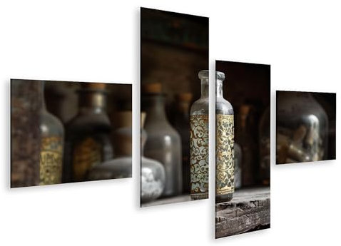 islandburner Bild auf Leinwand Verzierte antike Apothekerflaschen auf Holzregal für Küche Sammler Antiquitätengeschäft Bilder Wandbilder Poster