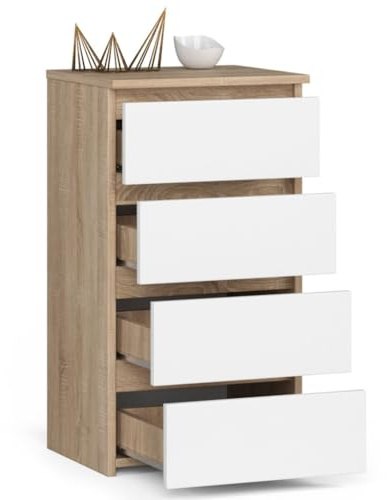 Happy Babies Kommode mit 4 Schubladen Weiß Schrank mit Schubladen Schubladen mit leichtlaufenden Rollen Kleiderschrank mit viel Stauraum 74x40x35 (Sonoma Eiche/Weiss)