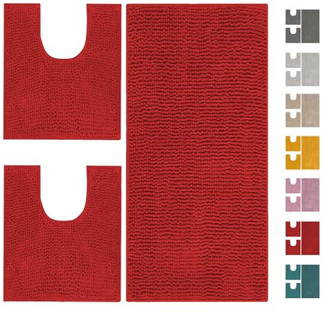 Home Tresor - Set Tappeti Bagno 3 Pezzi per Wc e Bidet, Parure Completo Microfibra Morbido Antiscivolo Assorbente Giro Water Shaggy - Bordeaux