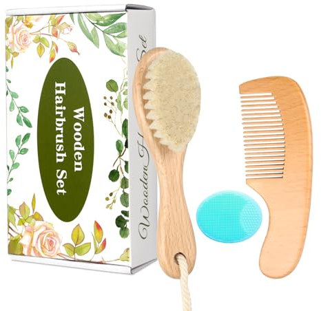 Baby Holzbürste und Kamm Set, 3er Set Natürliche Ziegenhaarbürste mit Find-Zahnkamm und Wiegenkappenbürste für Neugeborene Kleinkinder Neugeborene Jungen Mädchen (Grün)