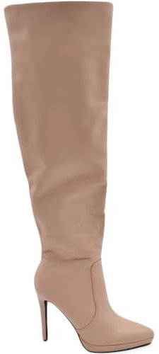 Stivali Donna Beige Nude sopra al Ginocchio Pelle a Punta con Plateau Sottile Tacco a Spillo 12 cm Aderente (38 EU)