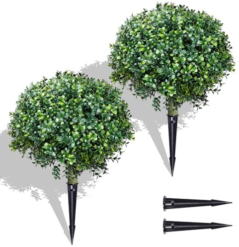 XYLENCO Set of 2 Artificial Boxwood Topiary Ball Trees,16 UV Resistant Faux Greenery Shrubs for Outdoor Garden, Yard, Porch, Patio, Valentine's Day Decor