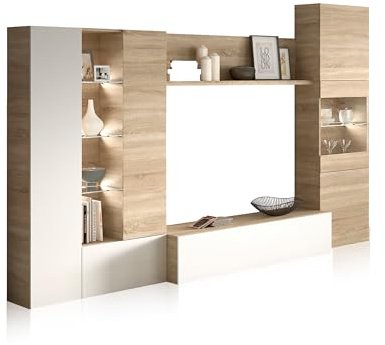 duehome | Mueble de Comedor con Leds, Mueble Salon, Modelo Vinter Leds, Acabado en Blanco Brillo y Roble Canadian, Medidas: 260 cm (Ancho) x 185 cm (Alto) x 42 cm (Fondo)