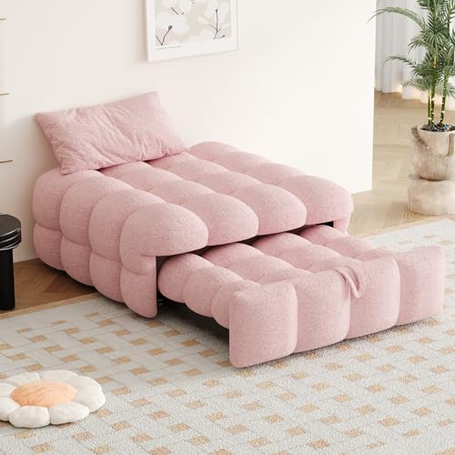 MOBETTRES Polsterbett, 2-in-1-Fußhocker, Ausziehbares Schlafsofa, Einzelbett, Puffy-Bett,Teddy-Stoff (Rosa)