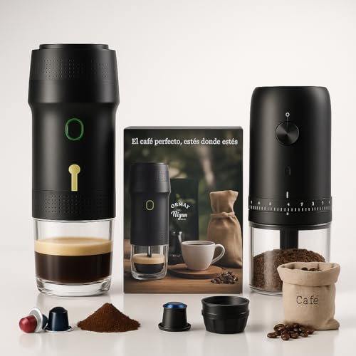 Set Cafetera Portátil Cápsulas + Molinillo de Café Eléctrico con Batería Recargable + Bolsa de Transporte Impermeable | Compatible con Cápsulas Nespresso, Dolce Gusto y Café Molido | Cafetera Express