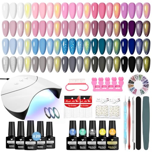 VANREESA U V Nagellack Set, Gelnägel Starterset mit 36W U V/LED Nagellampe, 20 Farben Rosa Lila Blau U V Nagellack mit Base Top Coat, Gel Nägel Set für Anfänger