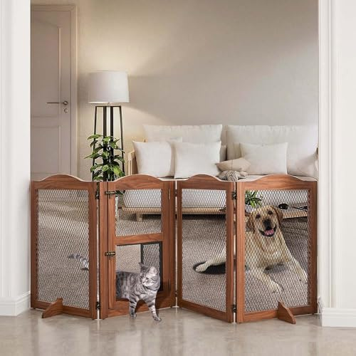 Freistehendes Haustiergitter mit Katzentür, hundesicheres Katzengitter, Indoor-Hundegitter für Türen, Flure und Treppen, Metall-Holz-Kleintierbarriere mit Durchgangstür und Standfüßen