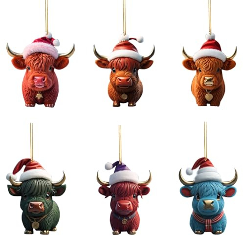 XNHIU 6pcs Highland Cow Christmas Ornaments Acrylic Pendant Xmas Tree Hanging Decoration Farm Animal Themed Christmas Decorations Interior Decor for Xmas Party