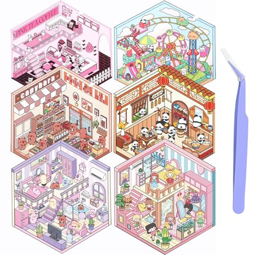 Omnikryp 6 Sets 3D Hausaufkleber, DIY House Stickers, Miniatur Haus Sticker 3D mit Pinzette, Cartoon Miniatur Szenen Aufkleber, Zeitvertreib, Wiederverwendbar, für Kinder und Erwachsene
