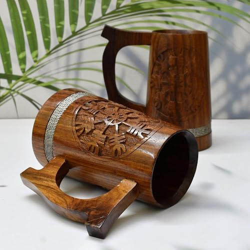 India House Wooden Mug for Beer- Viking Style 20 OZ Wooden Beer Mug- Drinking Beer Tankard Natural Hardwood - Wedding & Birthday Gift for Him (Set of 2 Wood Viking Beer Mug)