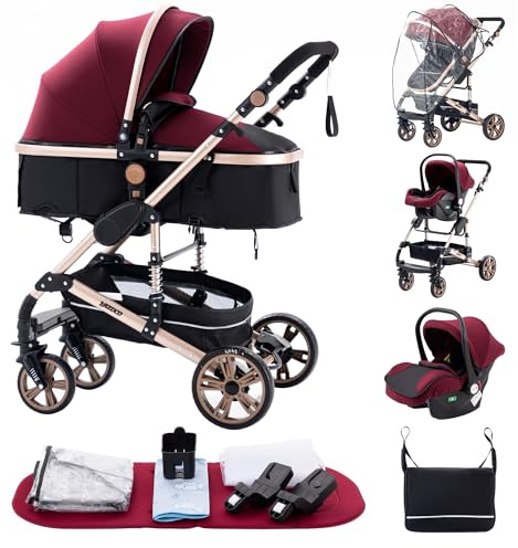 ALYIKOU Kinderwagen 3 in 1, Kombikinderwagen bis 25 kg Zusammenlegbar Reise-System Aluminiumrahmen für Neugeborene schwarz