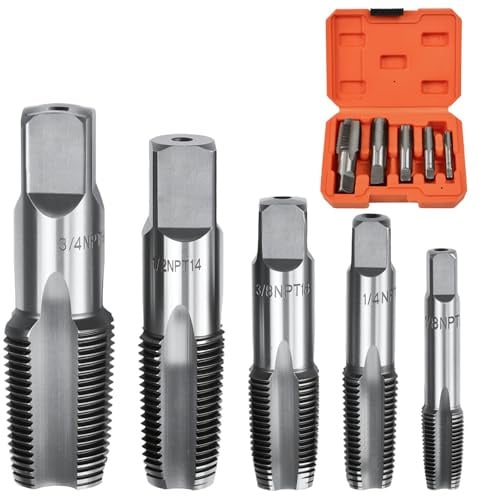 Zithgen 5 Stück NPT Rohrgewindebohrer Set, NPT1/8, G1/4, G3/8, G1/2, G3/4 Gewindeschneider Set, Profi Gewindebohrer mit Box Kohlenstoffstahl Handgewindebohrer Set für Reparaturgewinde DIY