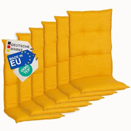 NYVI Gartenstuhl Auflagen Hochlehner 6er Set Barcelona - UV-Beständig, Atmungsaktiv, Strapazierfähig - Hochlehnerauflagen Sitzkissen Outdoor - Sitzauflagen für Gartenstühle 118x50cm Senfgelb