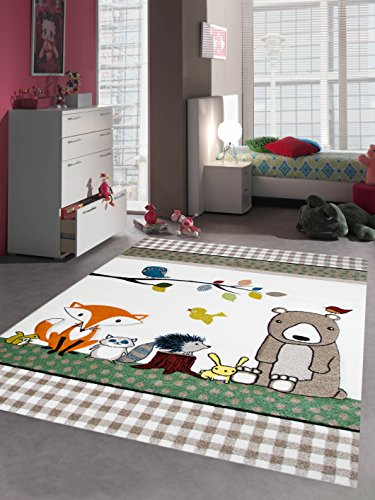 CARPETIA Kinderteppich Spielteppich Babyzimmer Teppich Tiere Bär Fuchs Igel Eule Beige Braun Größe 80x150 cm