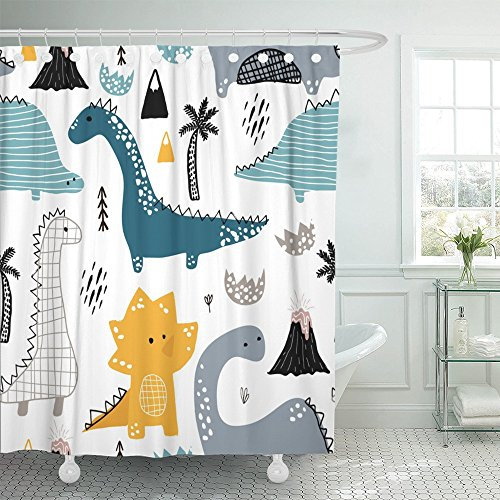 Emvency Duschvorhang Druck 66x72 Schwarz Dinosaurier Kindish mit Dino im skandinavischen Stil Kreative Weiß Abstrakt Doodle Baby Bürste für Badezimmer
