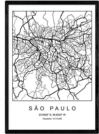 Nacnic Karte Kunstdruck Sao Paulo Nordic-Stil in Schwarzweiss. Poster A3 Größe mit schwarzem Rahmen gedruckt Papier 250 gr. Bilder, Bettwäsche und Poster für Salon und Schlafzimmer
