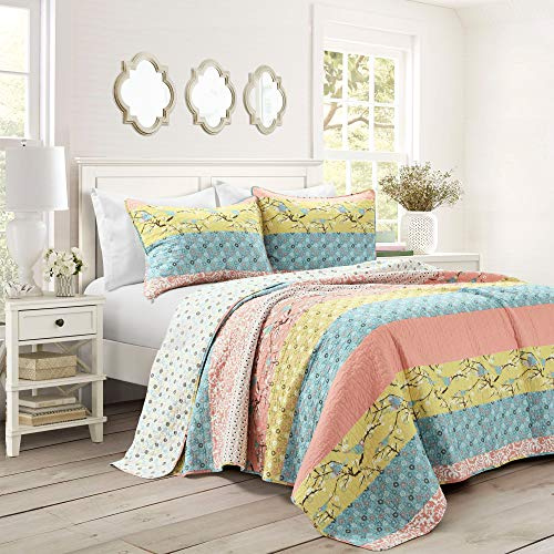 Lush Decor Royal Empire Reversible Cotton Quilt Set, 3 Piece Set King, Blue & Coral - Striped Bedding Set - Floral Quilt King Size - Boho Decor