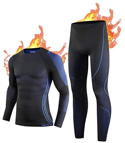 NOOYME sous Vetement Thermique Homme Fonctionnel sous-vêtements Thermiques Homme Tenant Chaud Ensemble Thermique Homme Respirant Ensemble Ski Homme Élastique pour Automne Hiver Noirbleu XXL