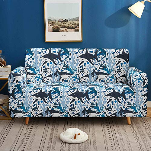 Morbuy 3D Meereslebewesen Sofabezug Sofaüberwürfe für 1/2/3/4 Sitzer Armlehnen L-Form Sofa, Elastische Stretch Antirutsch Farbecht + klebriges Rollengeschenk (4 Sitzer,Hellblauer Hai)