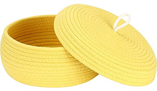 Sea Team Round Cotton Rope Storage Basket with Lid, Decorative Woven Storage Bin, Pot, Caddy, Organizer, Container for Snacks, Towels, Plants, 13 x 5.5 Inches (Large, Shallow, Yellow)