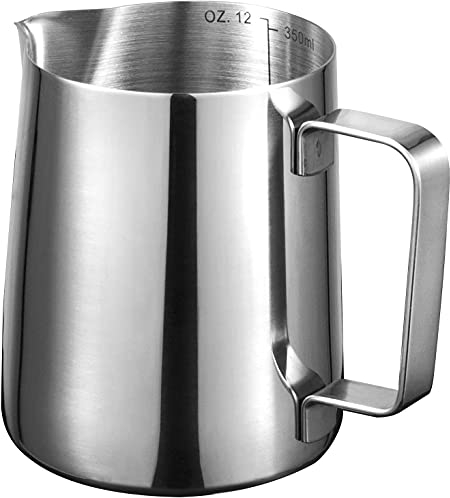 Pichet à Lait Inox 350ml – Pichet Lait Inox avec Graduation, Pichet Acier Inoxydable 304 pour Barista, Mousseur à Lait 12oz, Idéal pour Cappuccino, Expresso, Latte Art et Café Maison