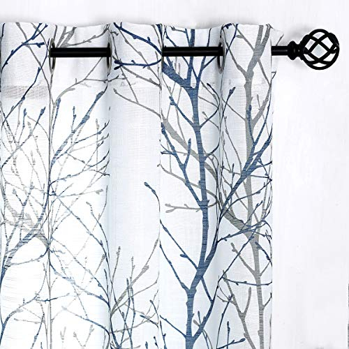 FMFUNCTEX Blau Grau Voile Vorhänge Transparente Leinen Gardinen mit Ösen für Wohnzimmer Zweige Muster Halbtransparente Modern Ösenschal Dekoschal für Schlafzimmer 2er Set, 245 x 132 cm (H x B)