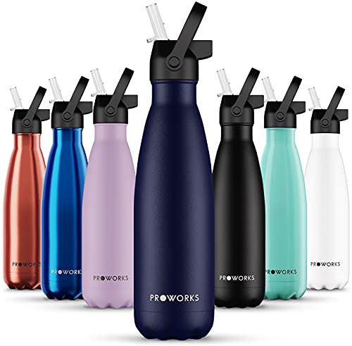 Proworks Bouteilles d'eau isothermes avec paille - 500 ml - Pour l'école, le bureau et la maison - Garde vos boissons chaudes ou froides plus longtemps - Gamme de styles - Bleu nuit avec couvercle à